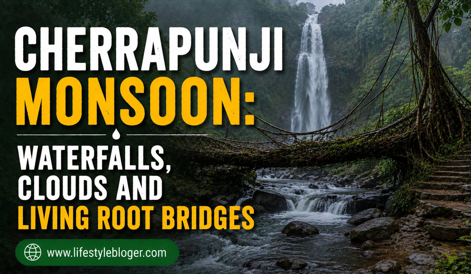 Cherrapunji Monsoon: Waterfalls, Clouds and Living Root Bridges